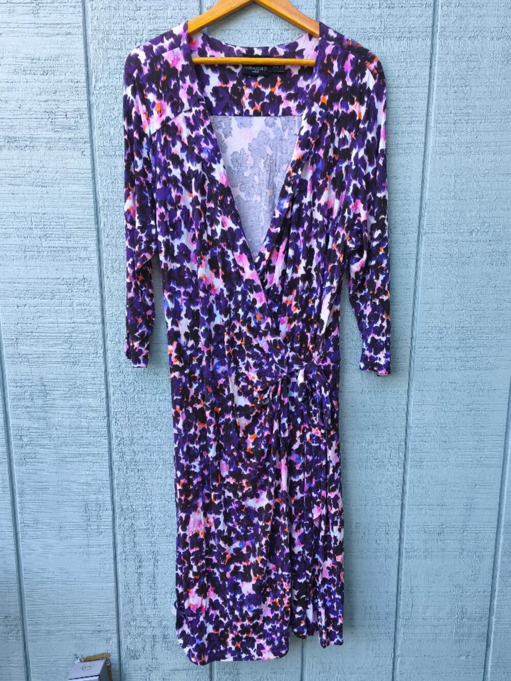 Cynthia Rowley Patterned Knee Length Stretch Wrap Dress sz 1X Purple Office Fem